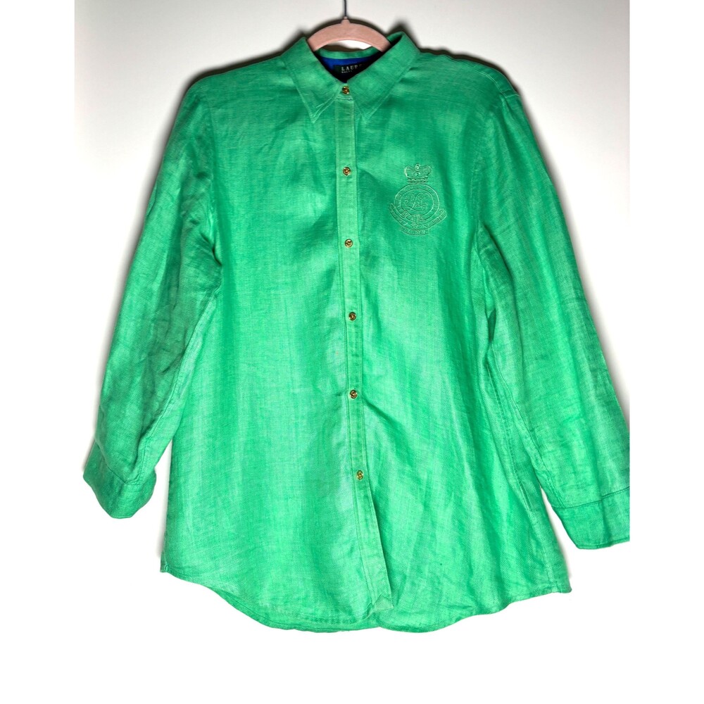 Ralph Lauren Emerald Linen Button Down Shirt: Embroidered Crest, Preppy Style